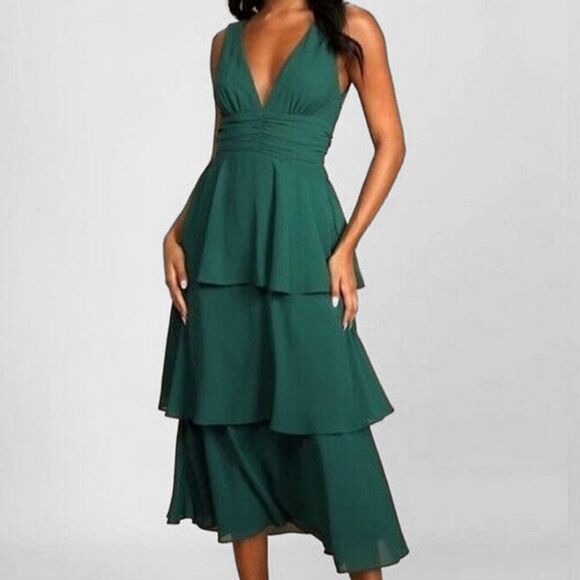 Lulus Celebration Time Emerald Green Tiered Midi Dress XS Holiday Babydoll - Picture 1 of 11